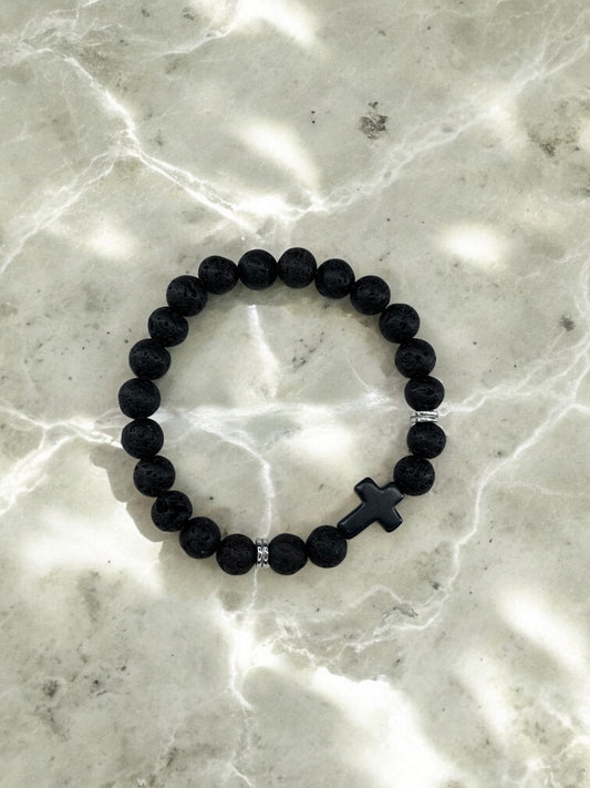 Bracelet homme croix noir perles noir volcanique