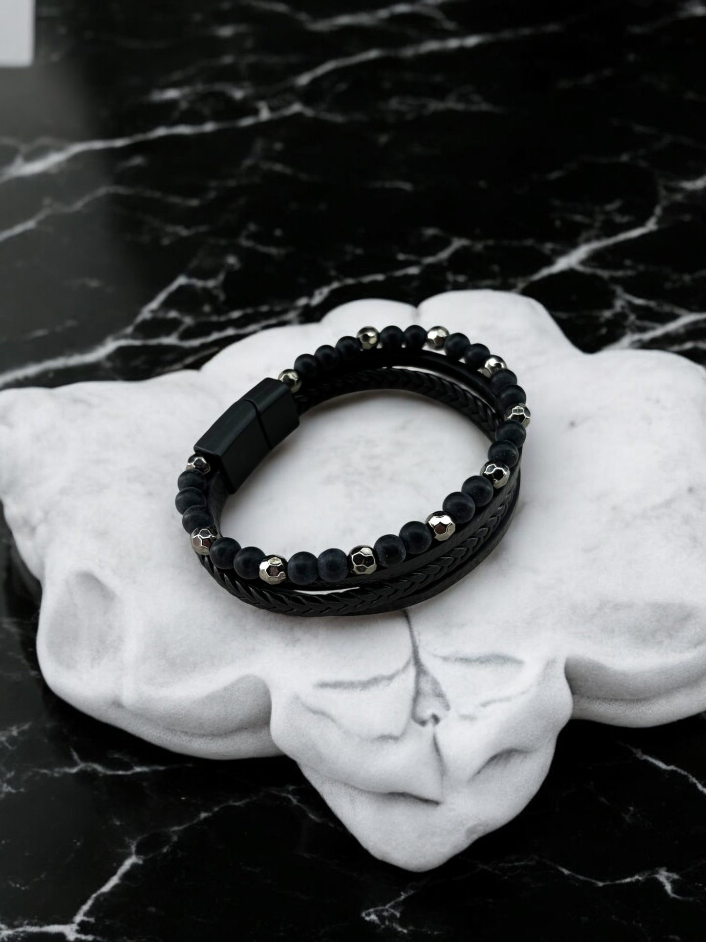 Bracelet homme cuir grand perle argent