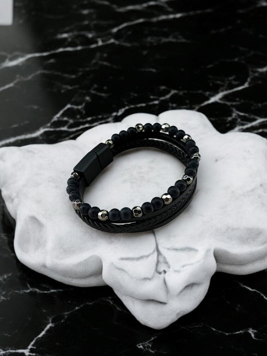 Bracelet homme cuir grand perle argent