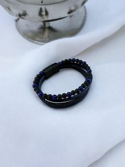 Bracelet homme cuir grand perle bleu