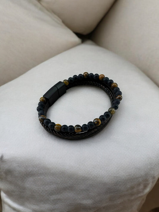 Bracelet homme cuir grand perle marron