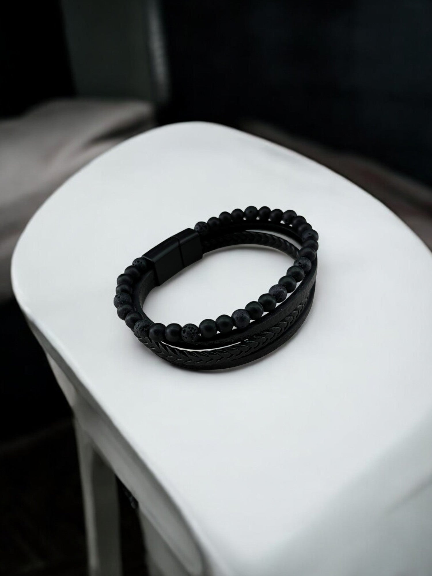 Bracelet homme cuir grand perle noir