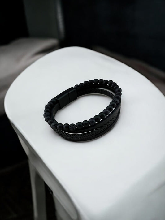 Bracelet homme cuir grand perle noir