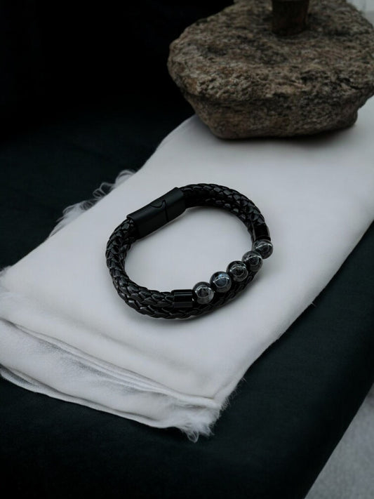 Bracelet homme cuir moyen perle central gris