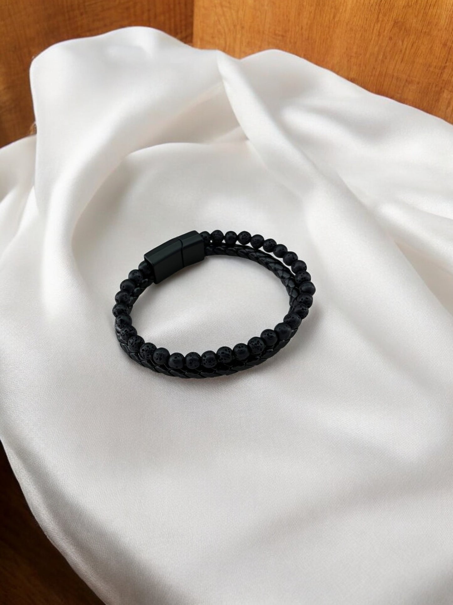 Bracelet homme cuir moyen perle noir