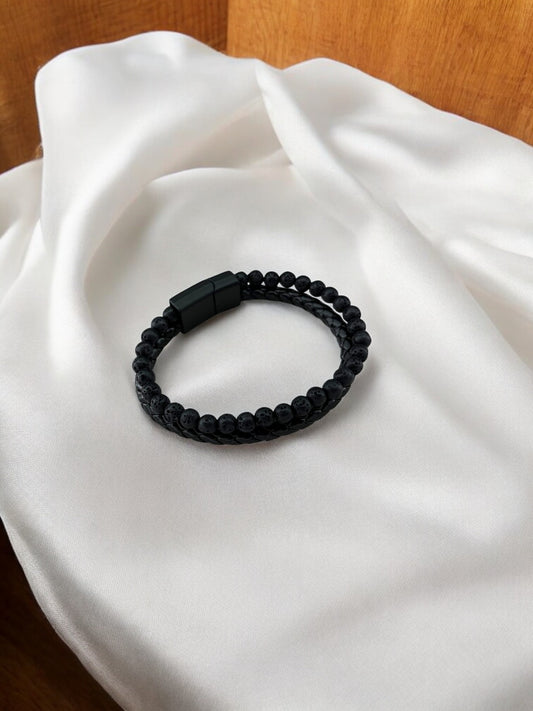 Bracelet homme cuir moyen perle noir