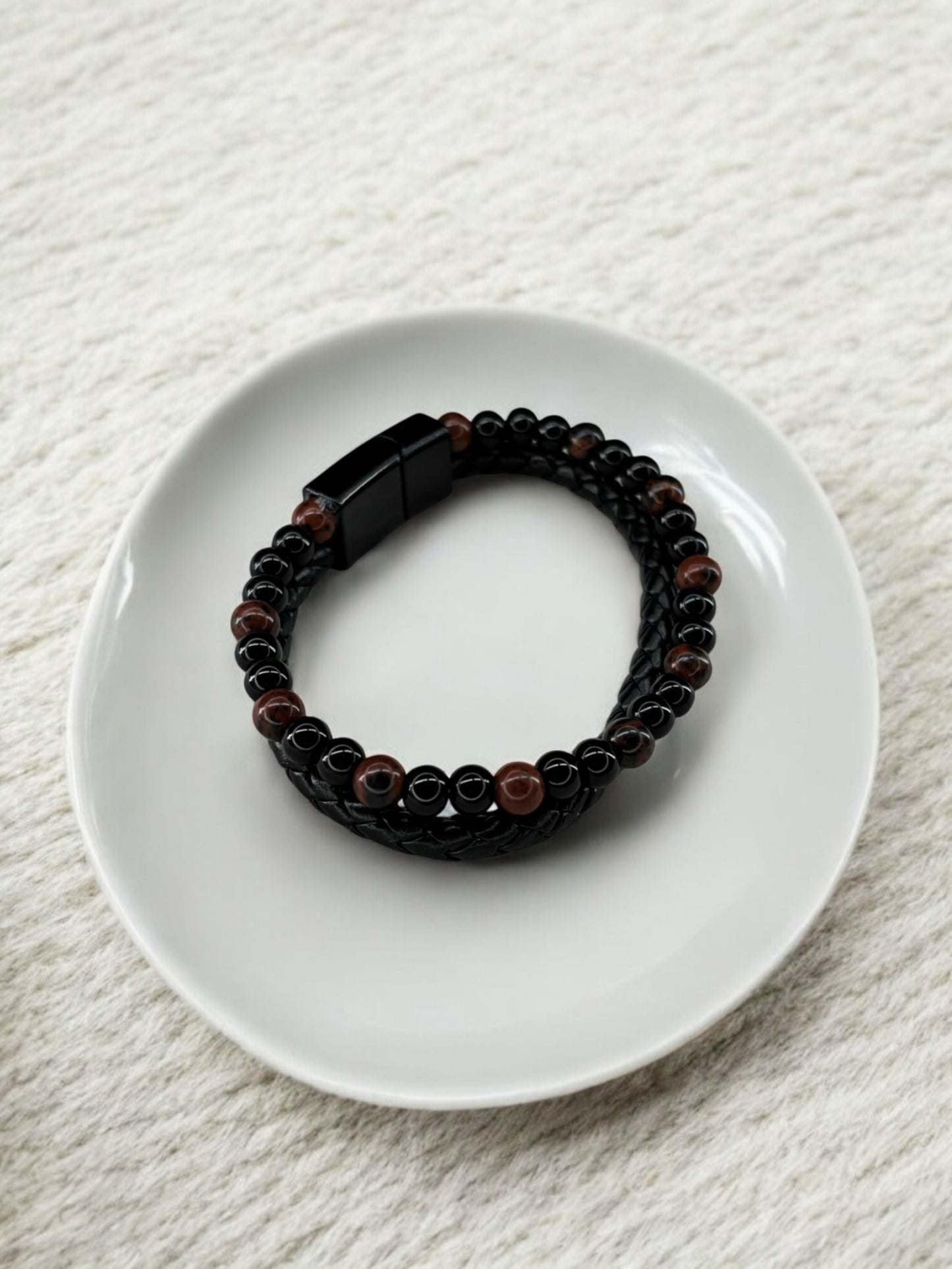 Bracelet homme cuir moyen perle rouge