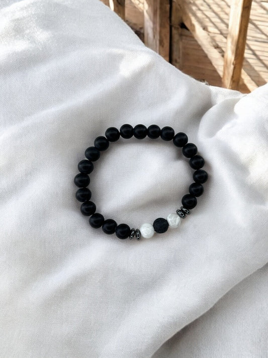 Bracelet homme intercalaires milieu deux perles blanc