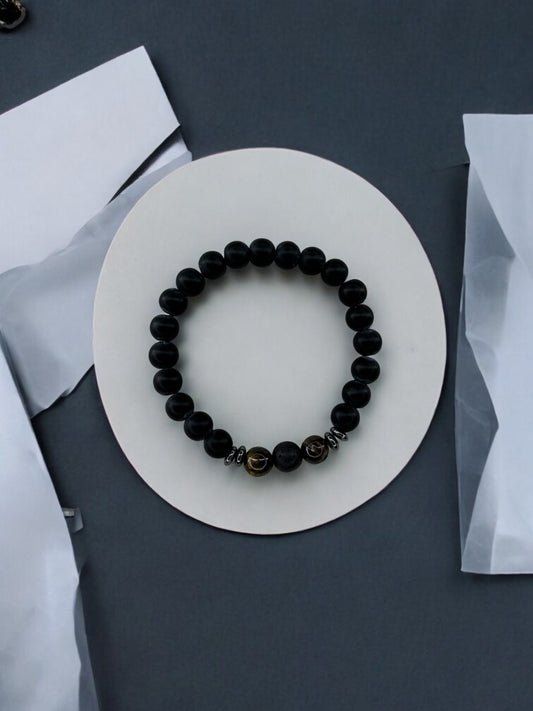 Bracelet homme intercalaires milieu deux perles marron