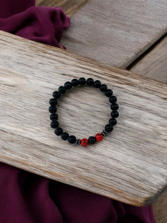 Bracelet homme intercalaires milieu deux perles rouge