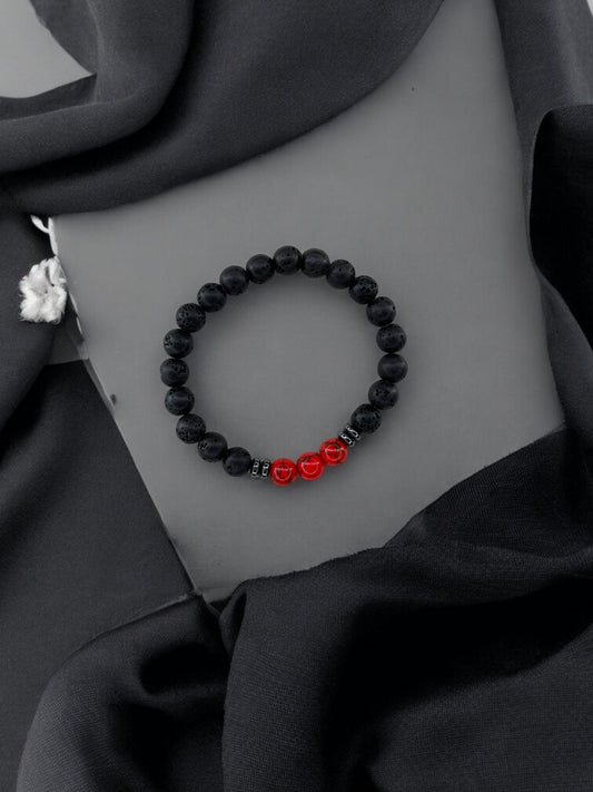 Bracelet homme intercalaires milieu trois perles rouge