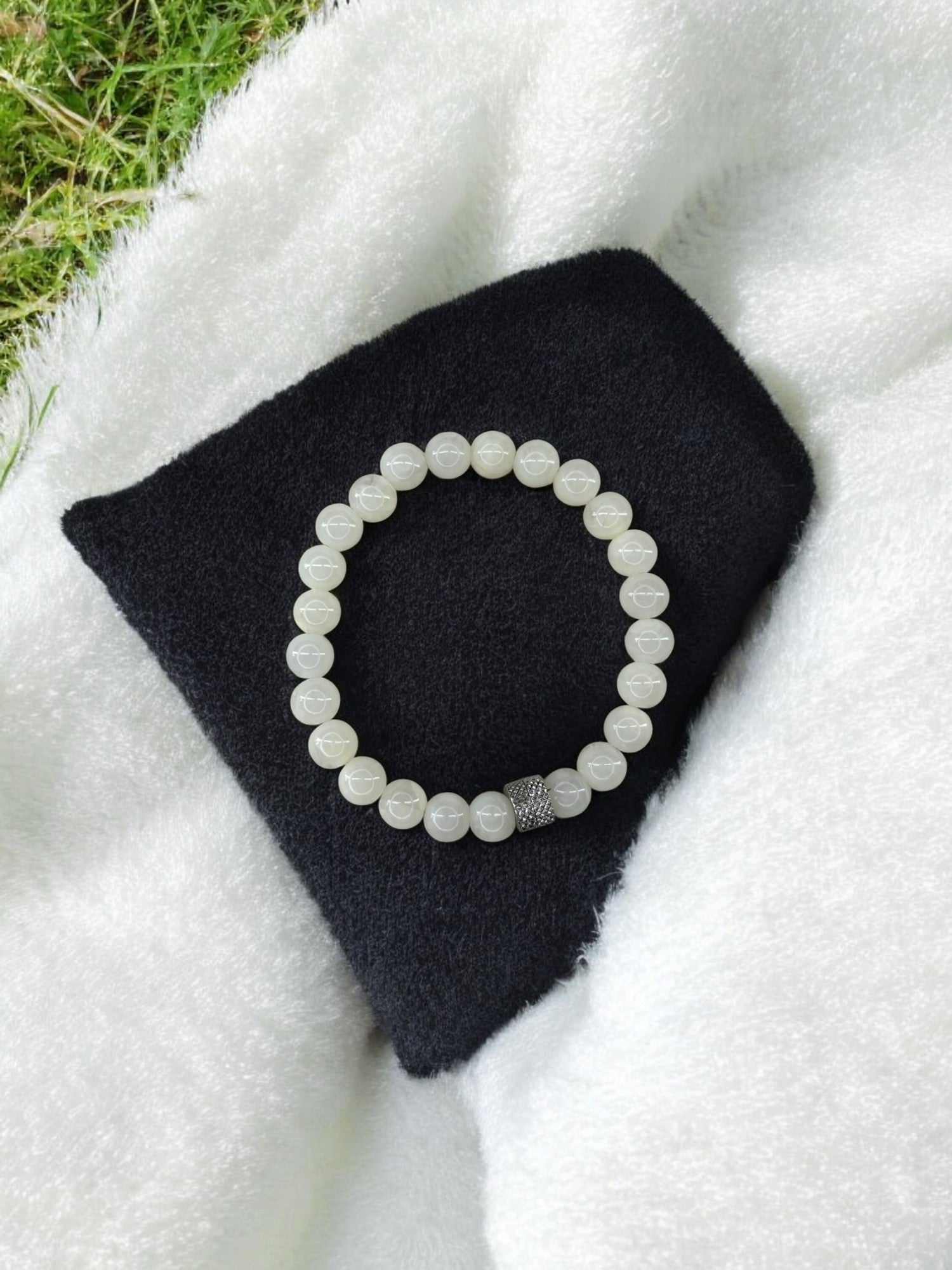 Bracelet homme milieu deux perles argent perles blanc transparent