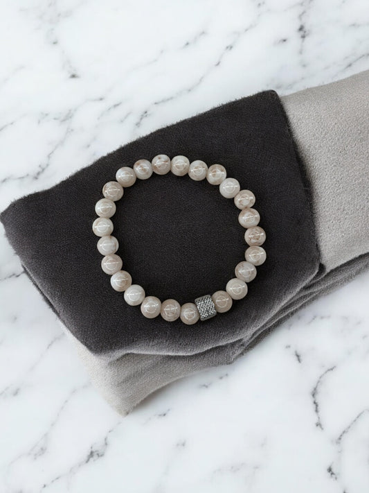 Bracelet homme milieu deux perles argent perles crème