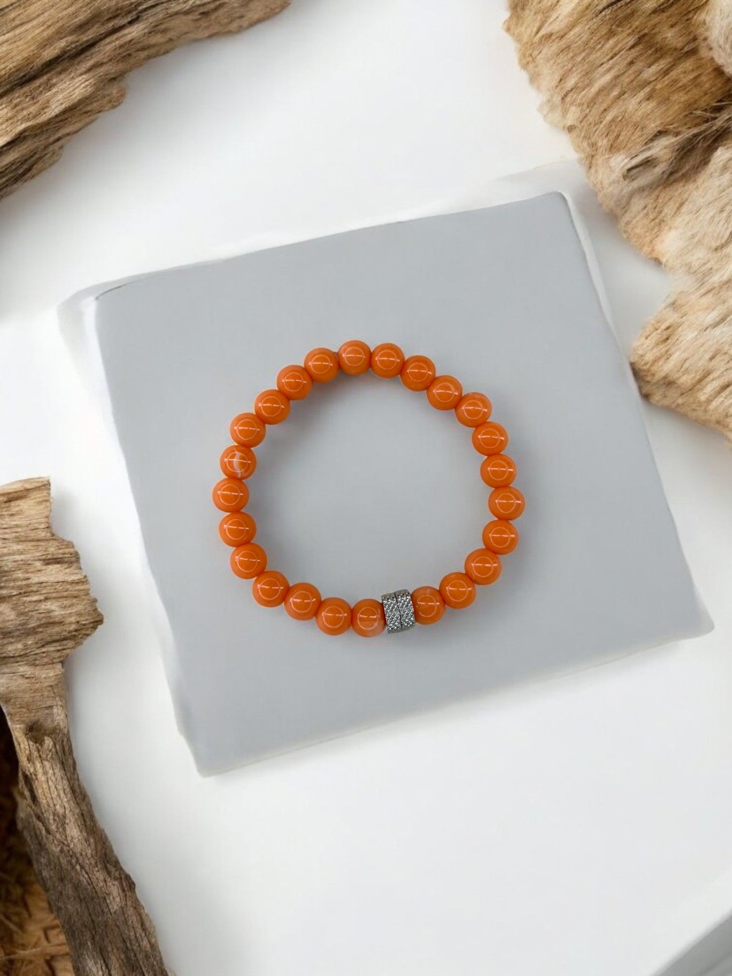 Bracelet homme milieu deux perles argent perles orange