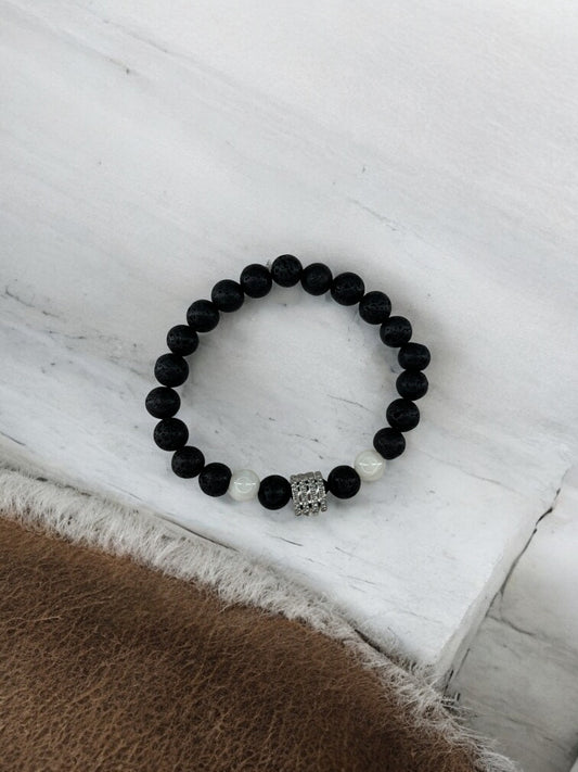 Bracelet homme milieu large perle argent volcanique noir blanc