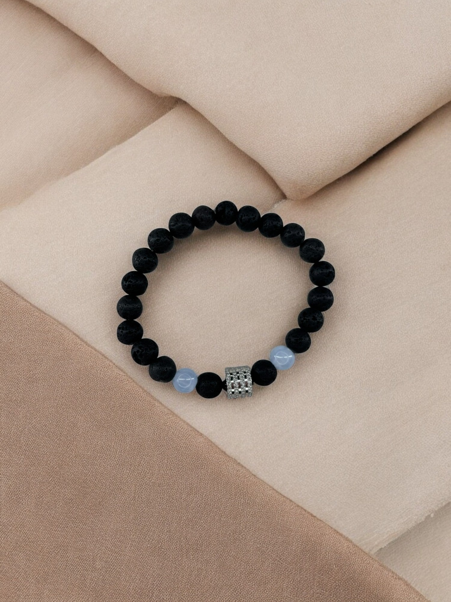 Bracelet homme milieu large perle argent volcanique noir bleu