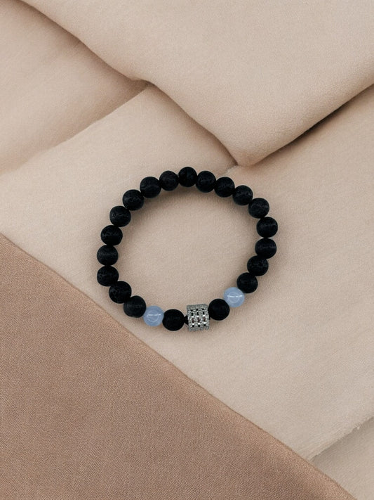 Bracelet homme milieu large perle argent volcanique noir bleu