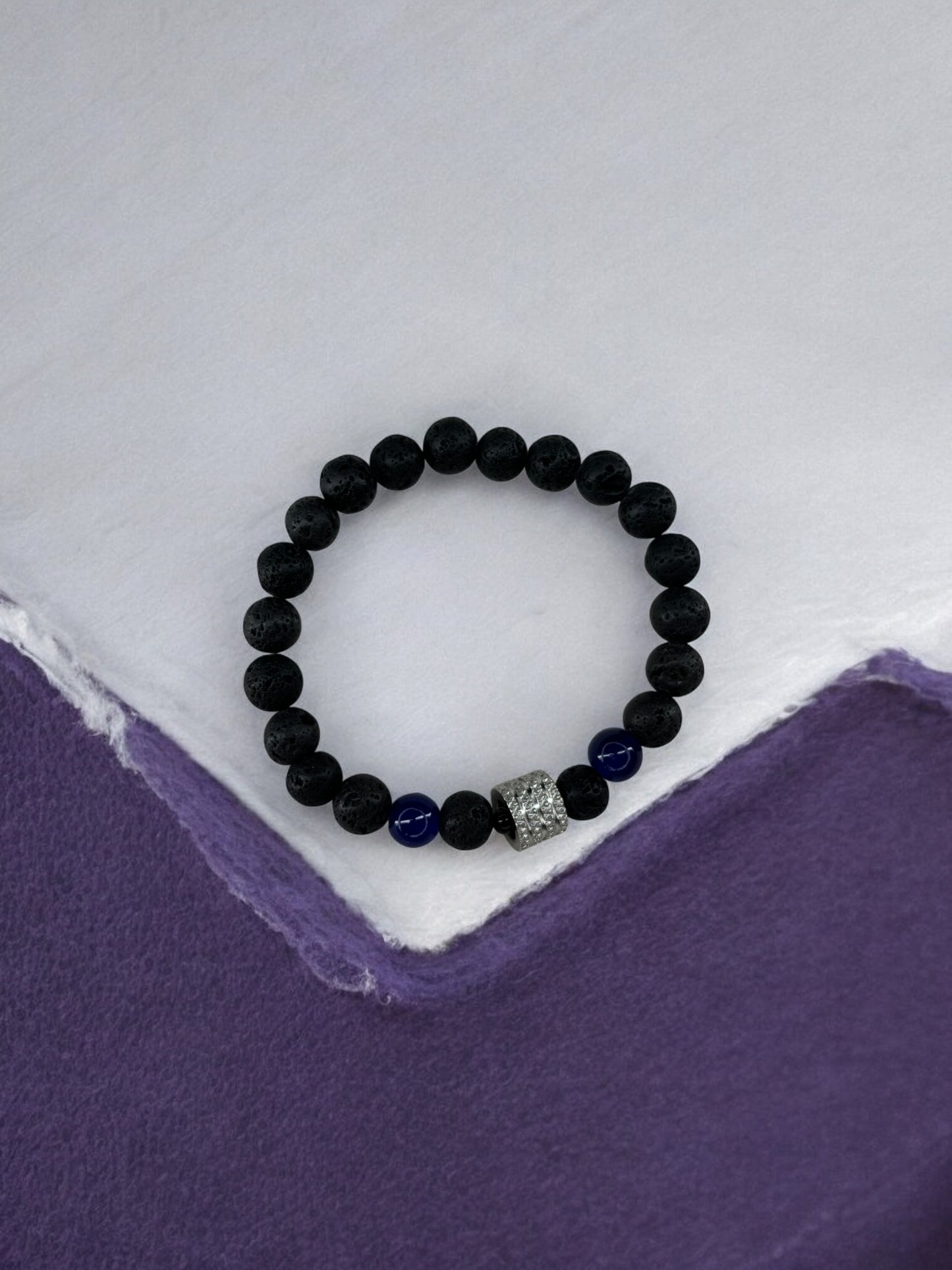 Bracelet homme milieu large perle argent volcanique noir bleu foncé
