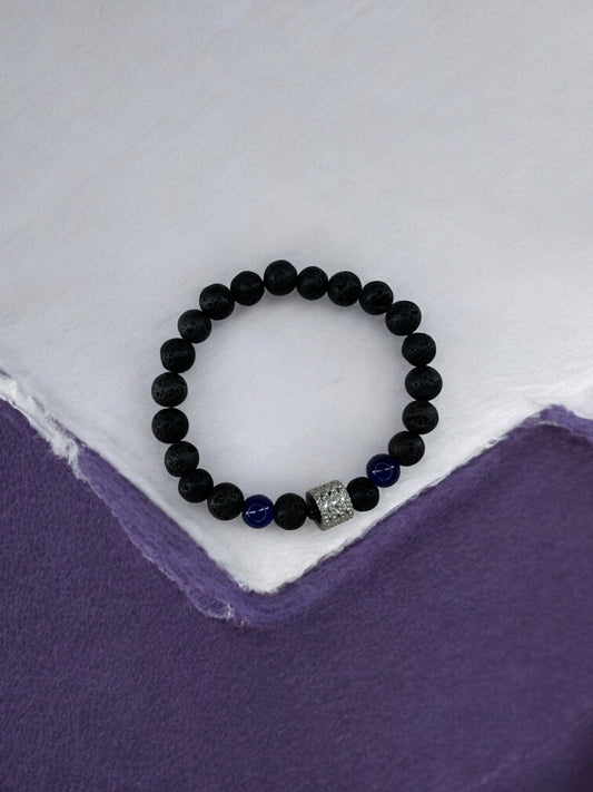 Bracelet homme milieu large perle argent volcanique noir bleu foncé