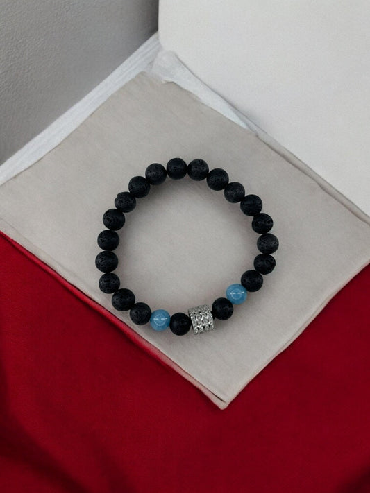 Bracelet homme milieu large perle argent volcanique noir bleu turquoise