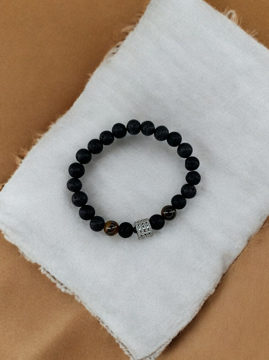 Bracelet homme milieu large perle argent volcanique noir marron