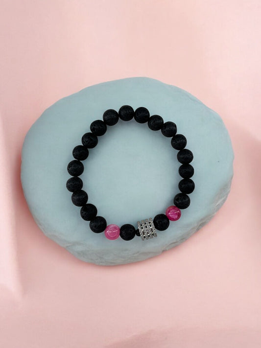 Bracelet homme milieu large perle argent volcanique noir rose