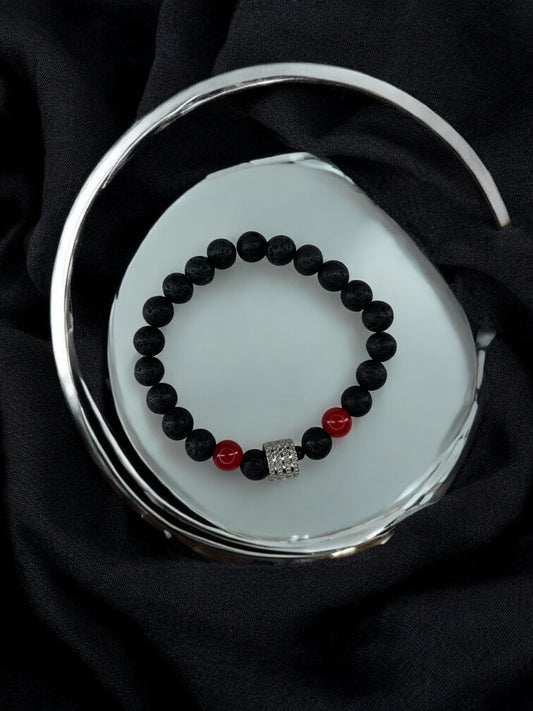Bracelet homme milieu large perle argent volcanique noir rouge clair