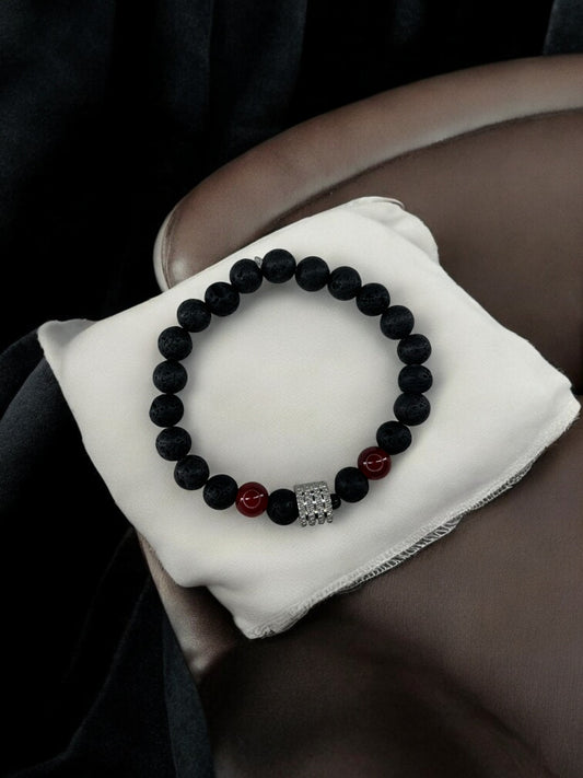 Bracelet homme milieu large perle argent volcanique noir rouge foncé