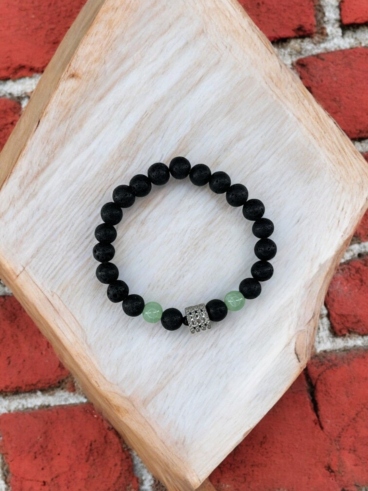 Bracelet homme milieu large perle argent volcanique noir vert