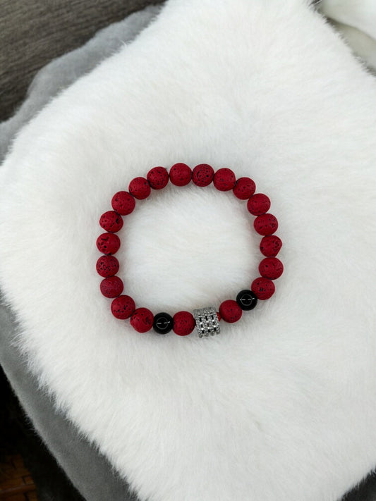 Bracelet homme milieu large perle argent volcanique rouge noir