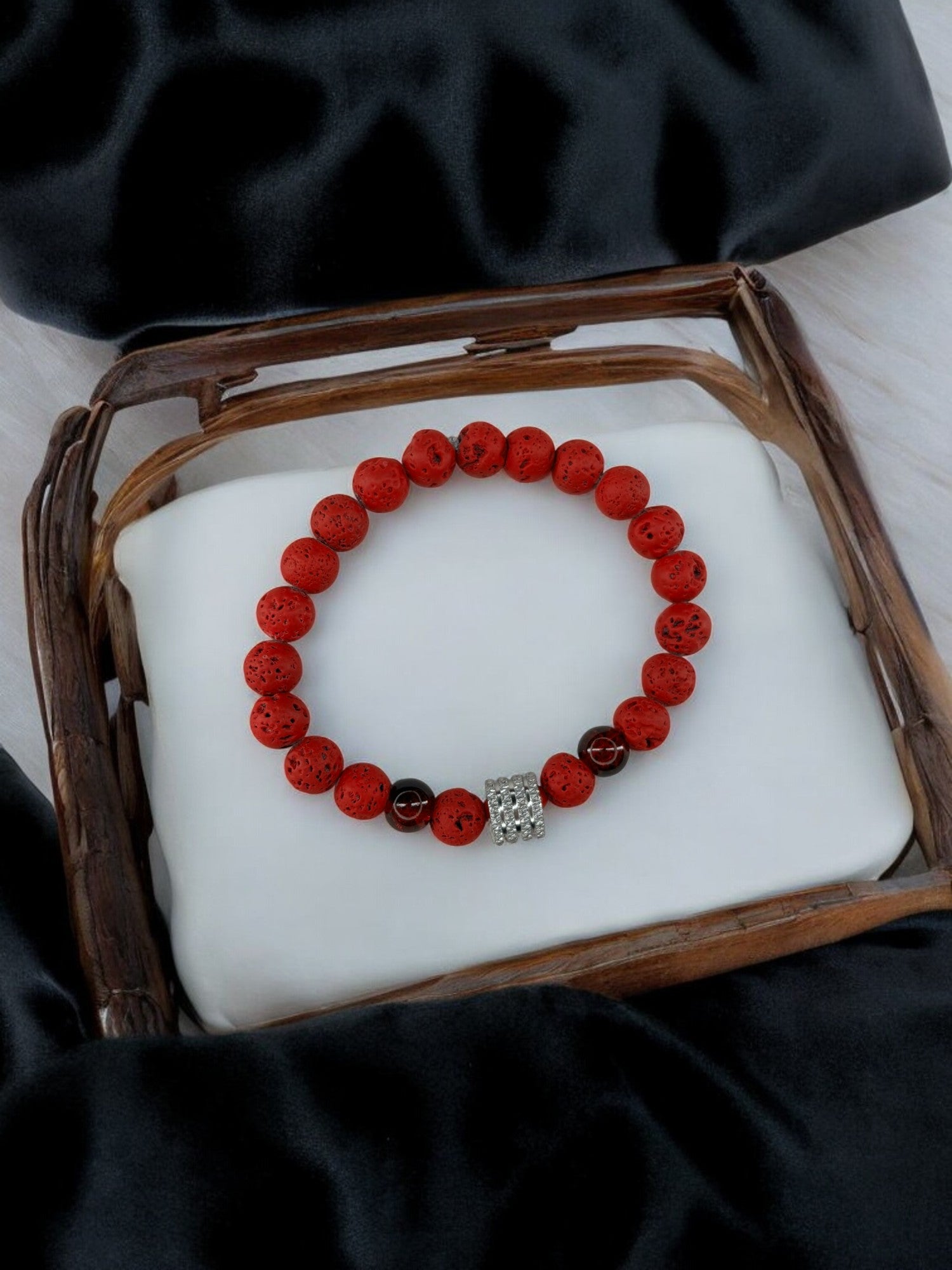 Bracelet homme milieu large perle argent volcanique rouge rouge 