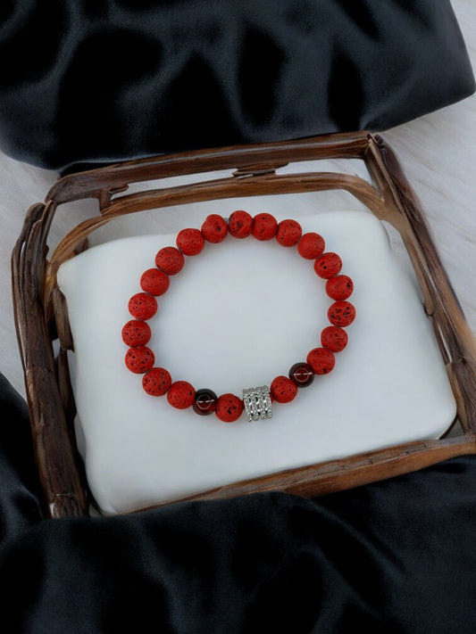Bracelet homme milieu large perle argent volcanique rouge rouge 