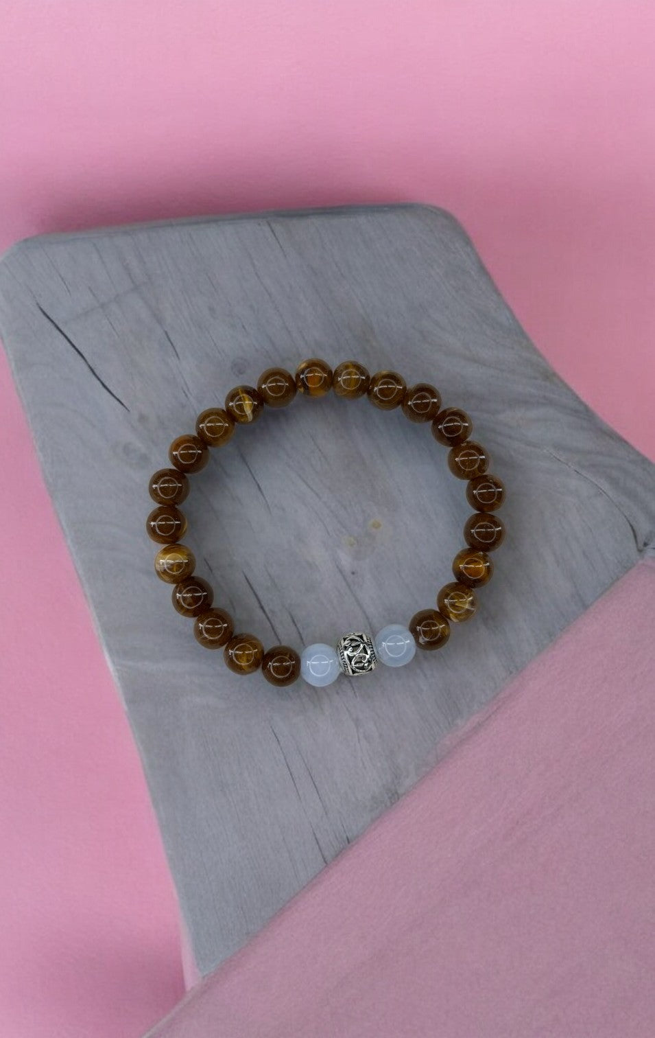 Bracelet homme perle ronde argent centrale marron bleu
