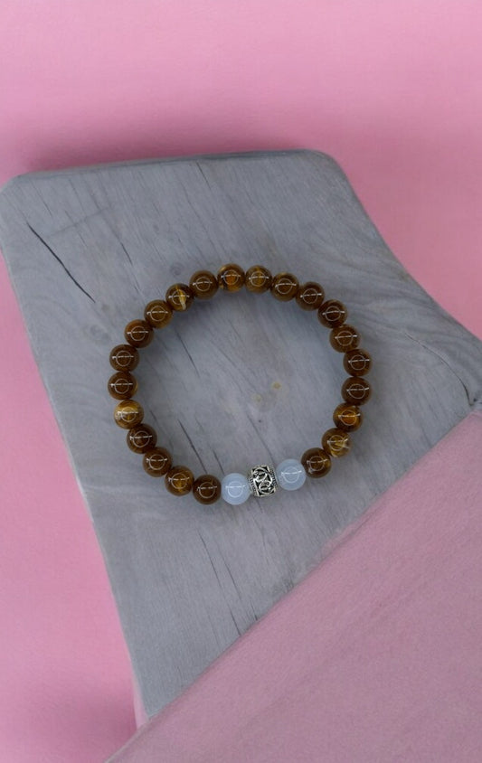 Bracelet homme perle ronde argent centrale marron bleu