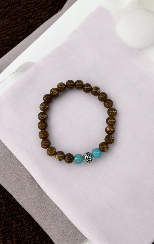 Bracelet homme perle ronde argent centrale marron bleu turquoise