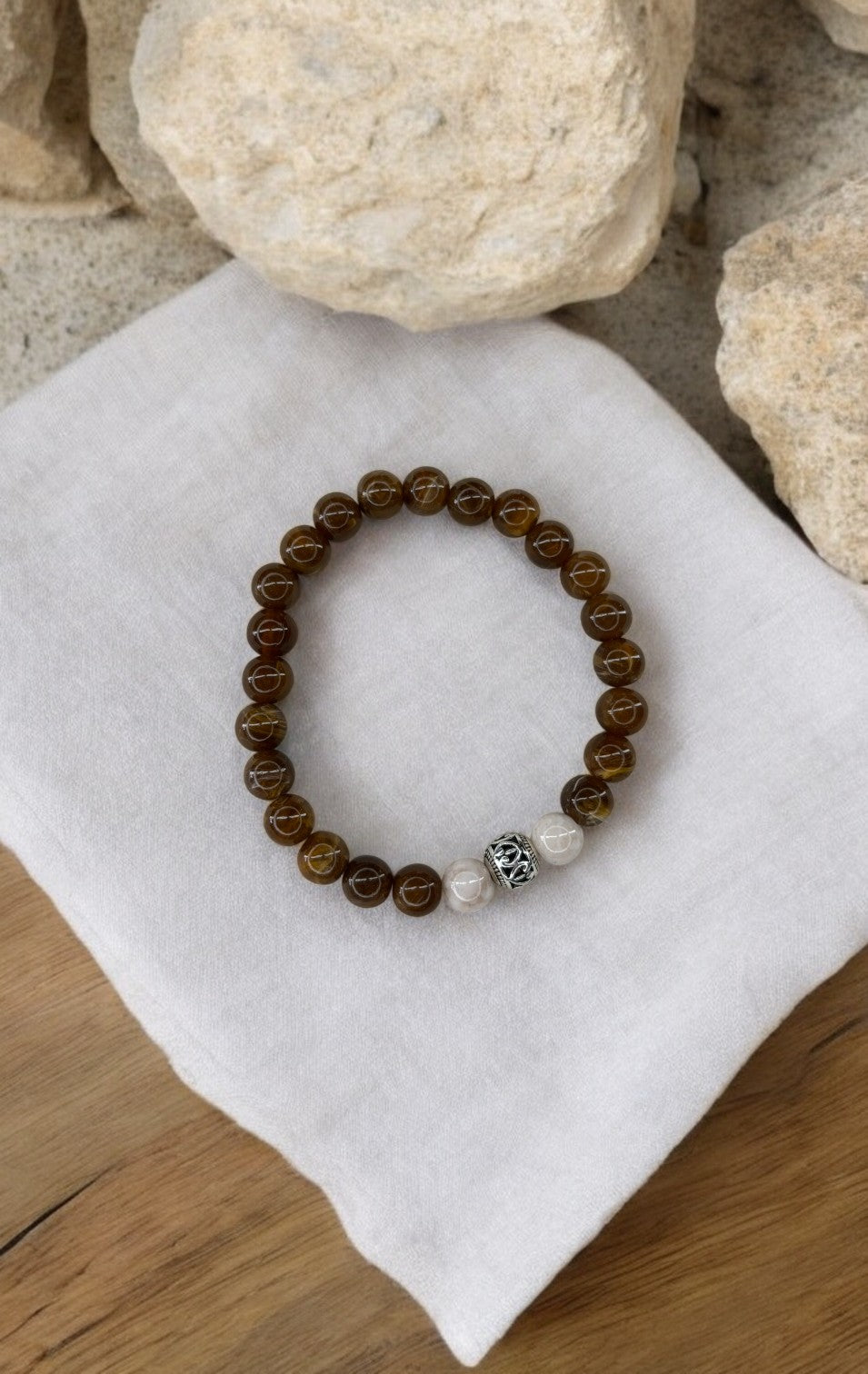 Bracelet homme perle ronde argent centrale marron crème