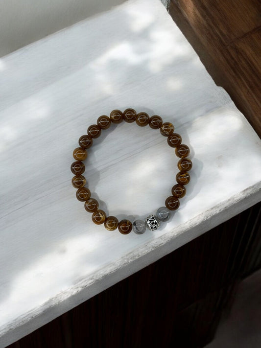 Bracelet homme perle ronde argent centrale marron gris