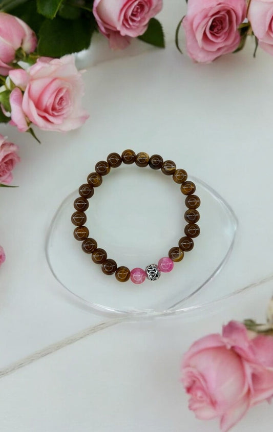 Bracelet homme perle ronde argent centrale marron rose