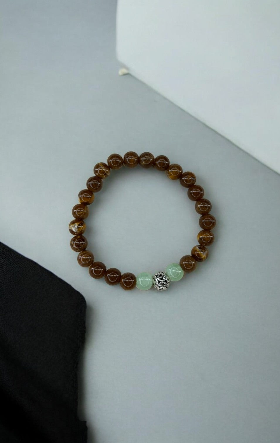 Bracelet homme perle ronde argent centrale marron vert