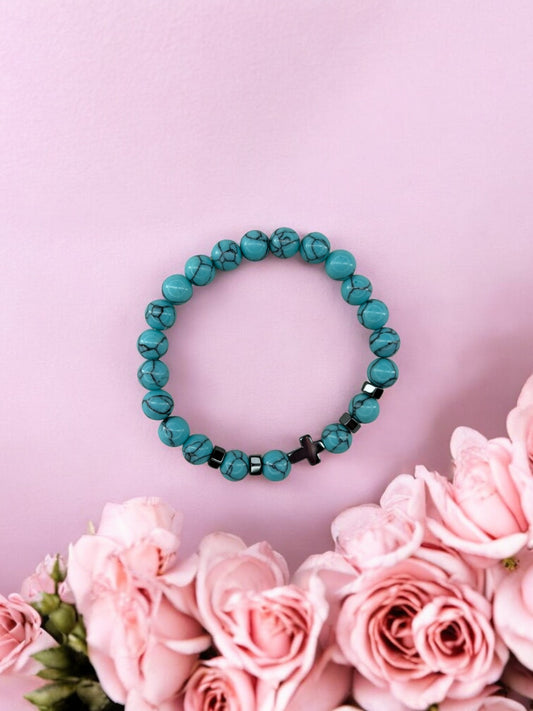 Bracelet homme petite croix noir argent perles bleu