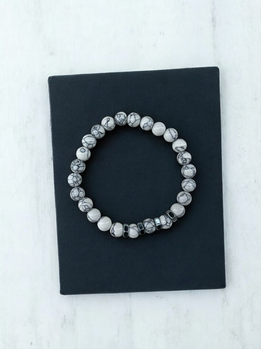Bracelet homme quatre écrous perles blanc à traits