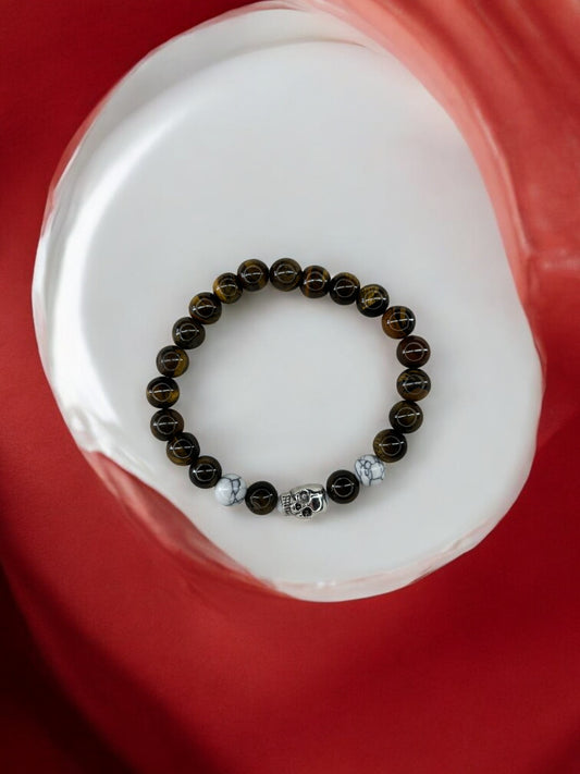 Bracelet homme tête de mort marron blanc à traits