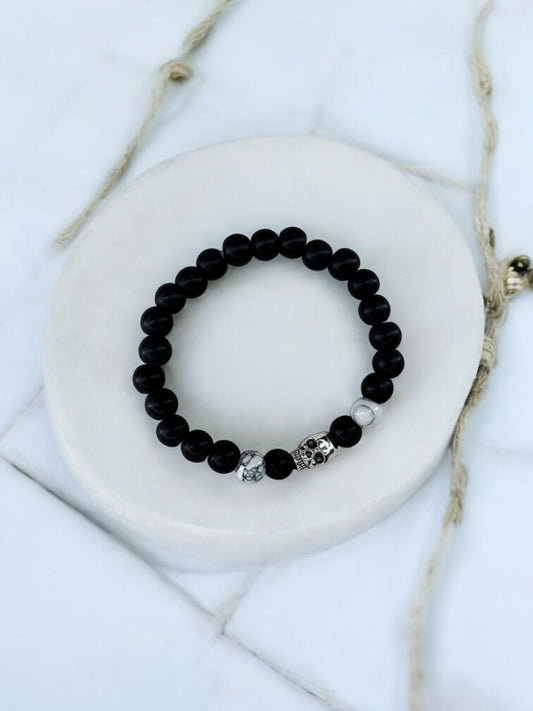 Bracelet homme tête de mort noir blanc à traits