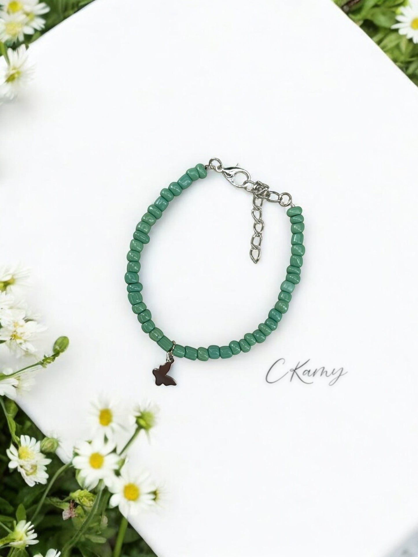 Bracelet papillon rocaille bleu vert clair