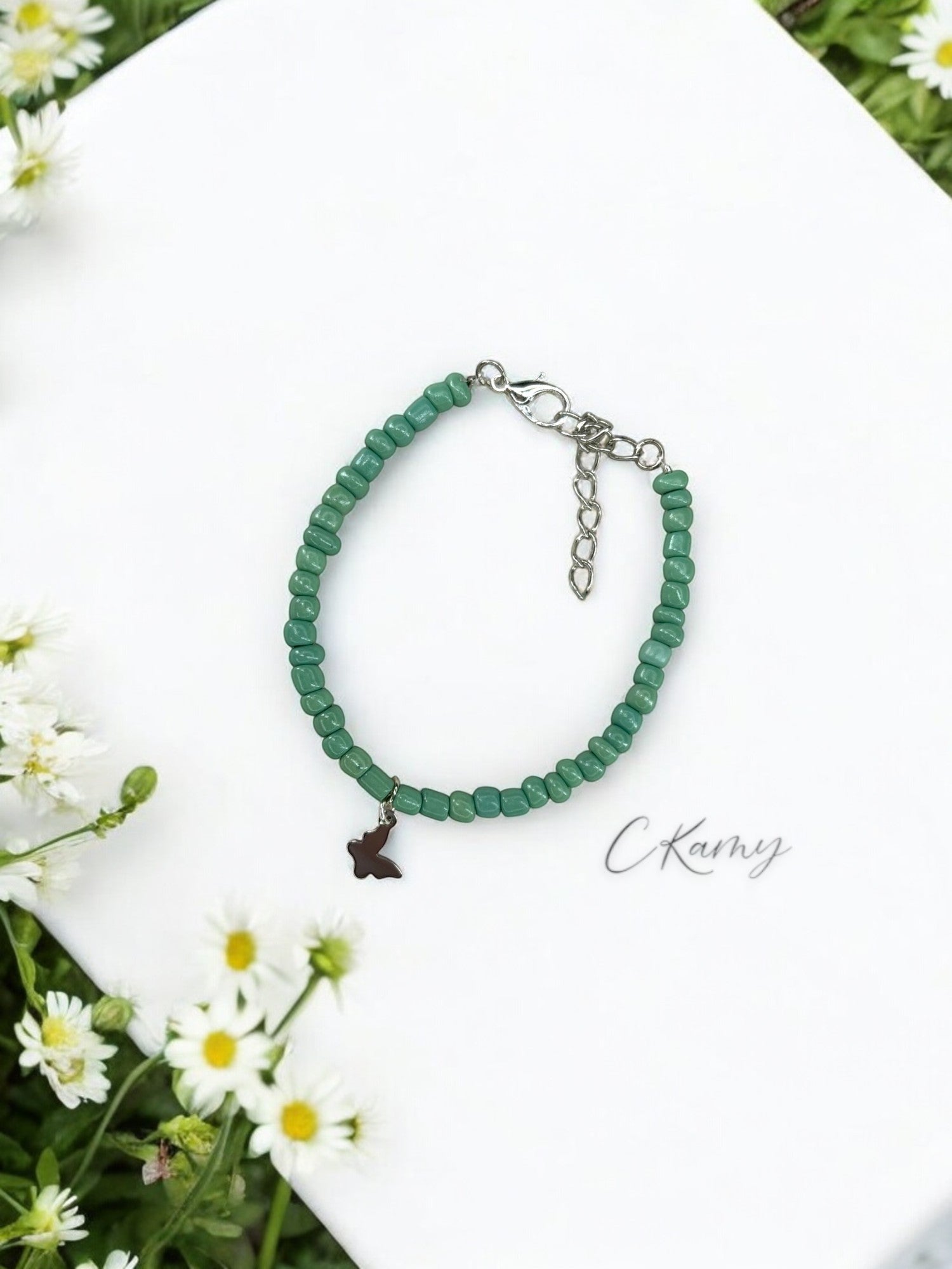 Bracelet papillon rocaille bleu vert clair