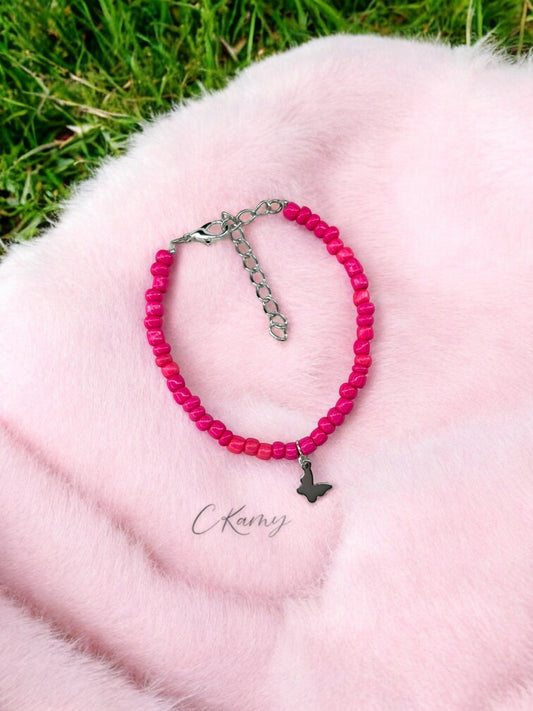 Bracelet papillon rocaille rose fuchsia