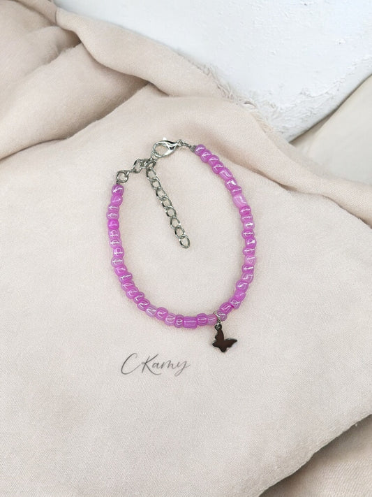 Bracelet papillon rocaille violet rose