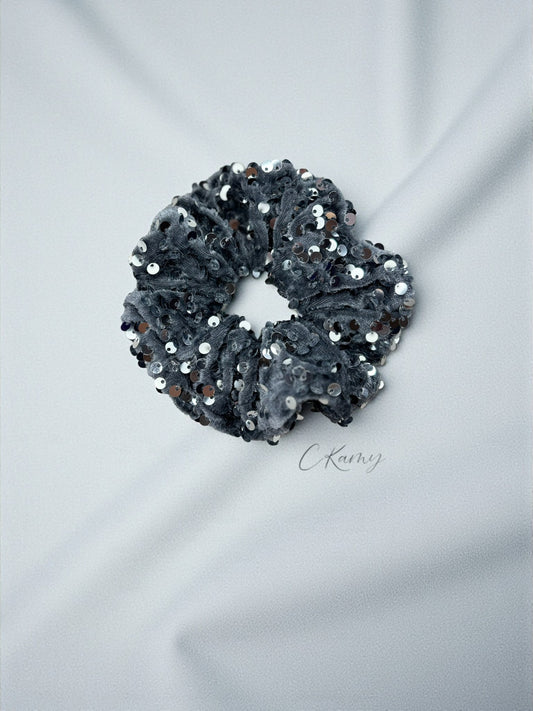 Chouchou velours à sequins gris