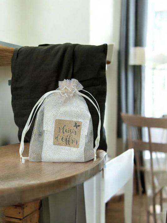 Pochette en tissu, emballage cadeau réutilisable. Modèle : Beige Brillant.