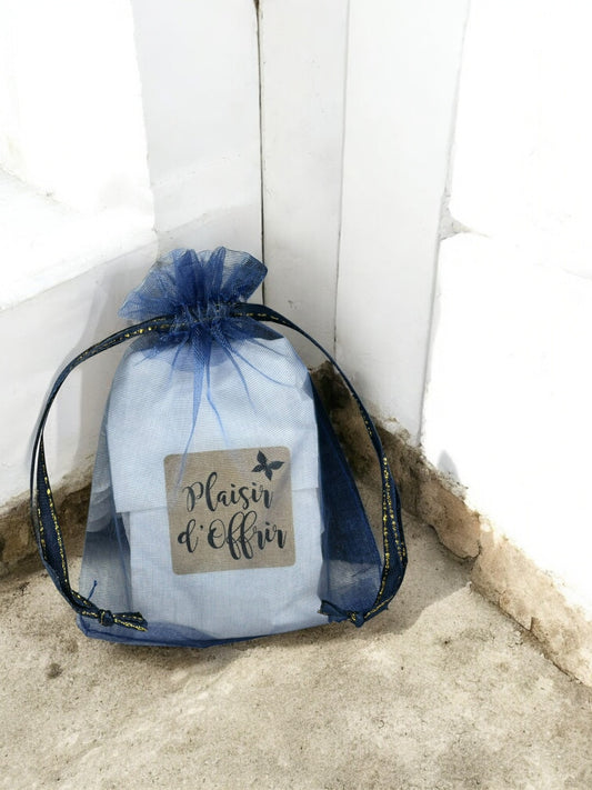 Pochette en tissu, emballage cadeau réutilisable. Modèle : Bleu.